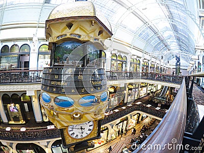 The interior of Queen Victoria Building with the Great Australian Clock Marvellous hanging clock at the center of building. Editorial Stock Photo